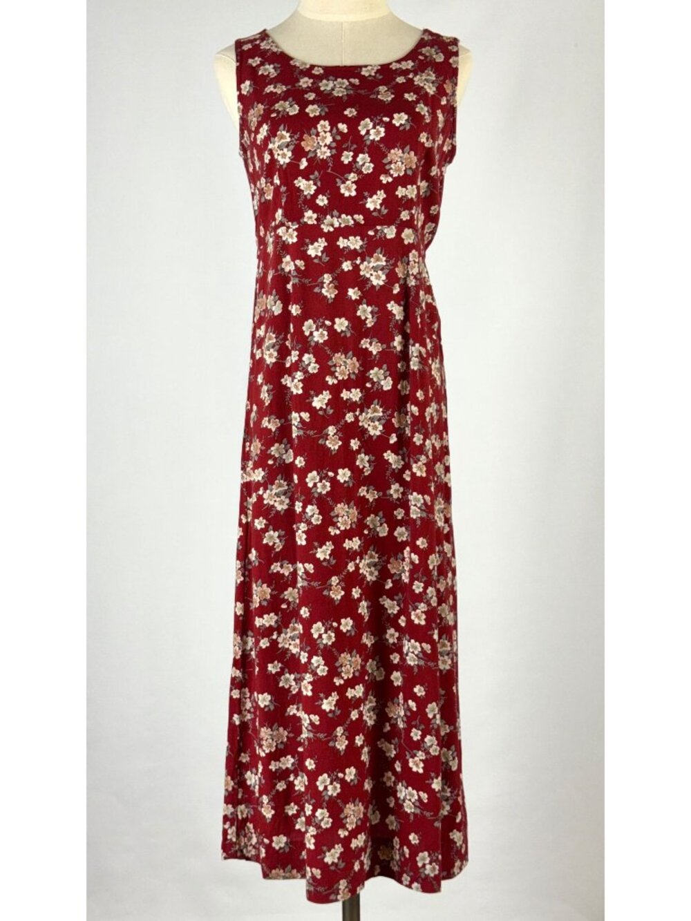 Vtg 90s Pellini Red Floral Sleeveless Rayon Maxi Dress Tie Back Cottagecore